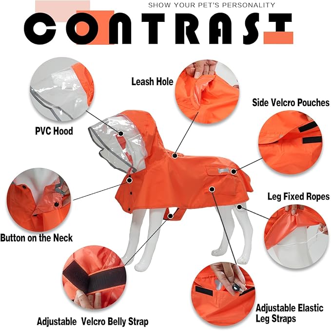Dog Raincoat,Waterproof Rain Poncho with Hoodie, High Reflective Adjustable Pet Rain Jacket with Leash Hole for Small Medium and Large Dogs (Orange, XX-Large: 55-70lbs)