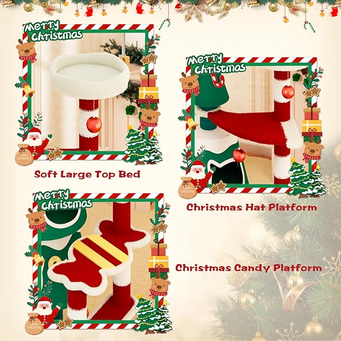 Christmas Cat Tree, Cat Tower for Indoor Cats with 2 Cat Condos, Thickened Cat Scratching Post，Cute Cat Furniture with DIY Christmas-Themed Stickers and LED String Lights