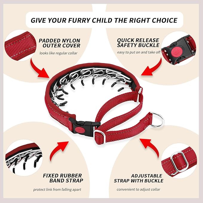 Martingale No Pull Dog Collar for Large Medium Small Dogs, Heavy Duty Nylon Reflective Adjustable Anti Pull Slip Collar with Buckle for Training Walking M Red