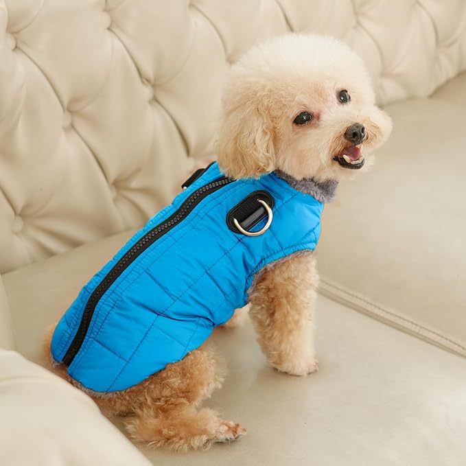Warm Fleece Dog Coats with Durable Harness Buitl in D-Ring,Waterproof Doggie Jacket for Medium Dogs,Dog Vest for Cold Winter,Light Blue L