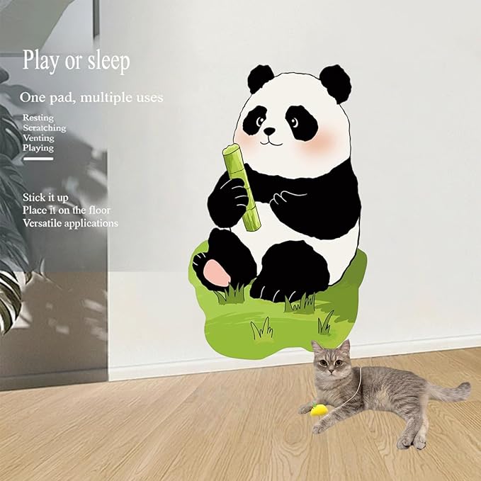 Wall-Mounted Cat Scratcher, 2025 Upgraded Indoor Cat Wall Scratcher — Self-Adhesive Double-Sided Tape, Trimable Scratching Surface, Suitable for Walls/Sofas/Floors (IncludesToy) (Panda)