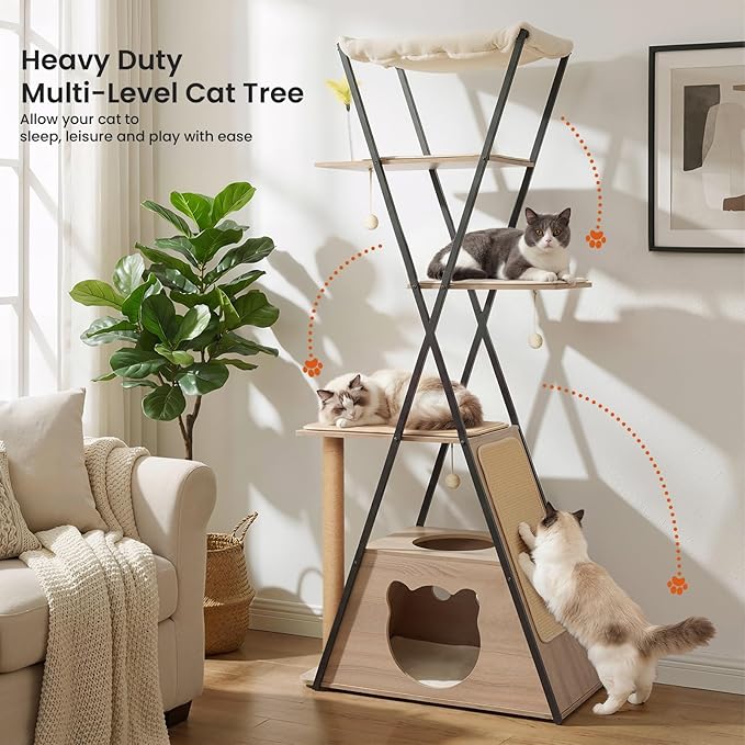 71" Modern Wood Cat Tree for Large Cats - Heavy Duty Tall Cat Tower for Indoor Cats, Multi-Level Cat Furniture with Spacious Condo, Large Perch, Scratching Posts & Hammock(Washed Grey)