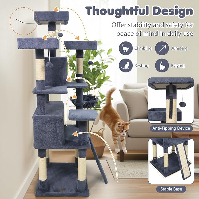 Tangkula 65 Inch Tall Cat Tree, Multi-Level Cat Tower with Sisal Scratching Posts & Board, 2 Condos, 3 Plush Top Perches, Adjustable Basket, 3 Hanging Balls for Indoor Cats (Dark Gray)
