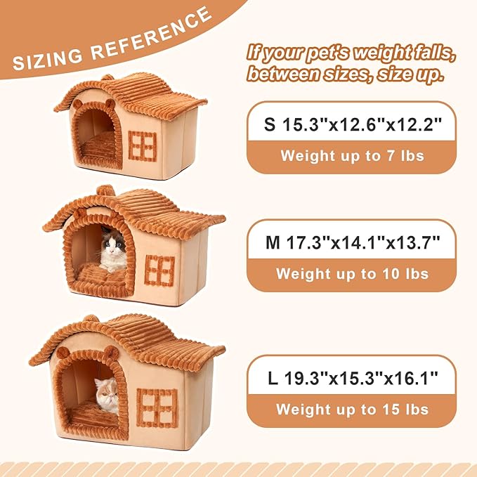 Jiupety Bear Cat Houses for Indoor Cats, Chimney Cute Cat Bed Cave, Enough Interior Space, Cartoon Soft Pet House Up to 3-15 lbs Puppy, Brown