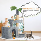 31.5" Cat Tree Tower for Indoor with Green Leaves, Cat Condo Cozy Plush House with Hang Ball and Leaf Shape Design, Cat Furniture Pet House with Scratching Posts, Grey