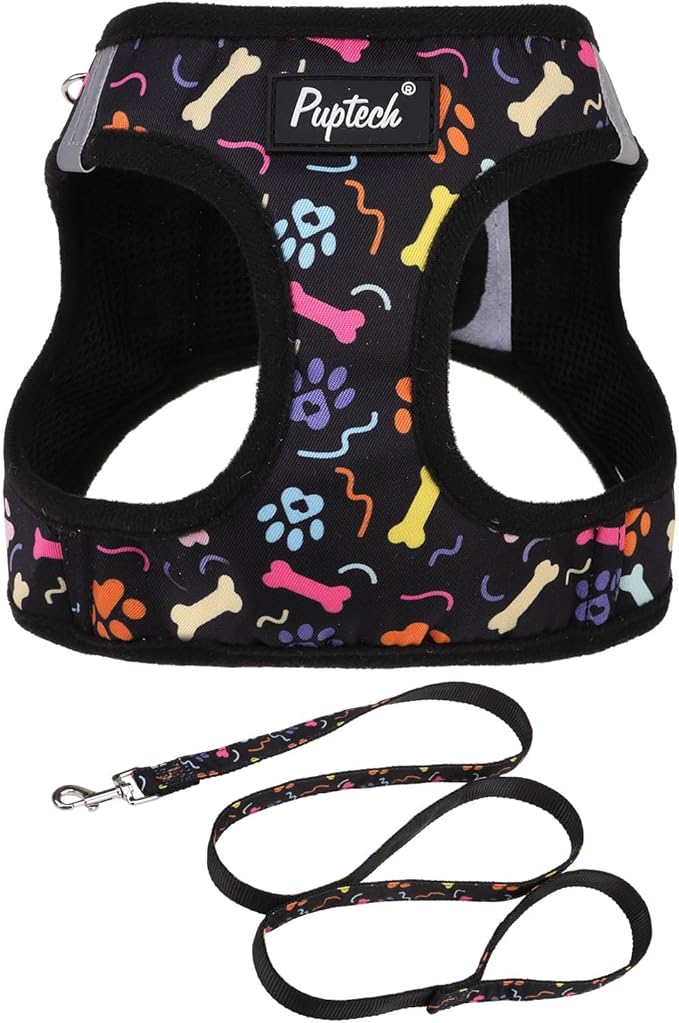 PUPTECK Dog Harness and Leash Set for Small Medium Dogs No Pull Step-in Soft Mesh Puppy Cat Vest Harnesses Reflective at Night, Black Paw, XS