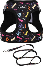 PUPTECK Dog Harness and Leash Set for Small Medium Dogs No Pull Step-in Soft Mesh Puppy Cat Vest Harnesses Reflective at Night, Black Paw, L