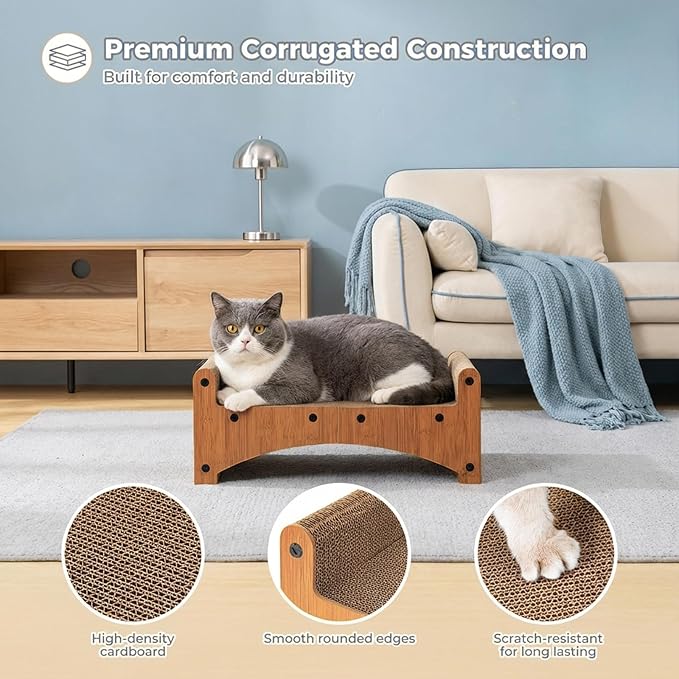 Avont Cat Scratcher Lounge, 3-in-1 Reversible Cardboard Scratching Bed, Horizontal Lounger for Indoor Cats Kittens - Wood