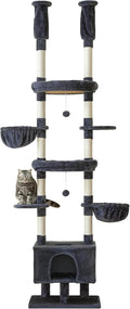 Cat Tree, Floor to Ceiling Cat Tower Adjustable Height [92.9-102.4in=235-258cm], 7 Tiers Cat Climbing Play House with Scratching Post, Cozy Condo&Hammocks for Indoor Cats, Smoky Grey