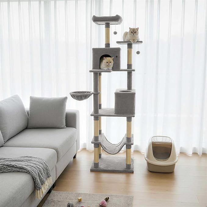 Tangkula 80 Inch Tall Cat Tree, Multi-Level Cat Tower with Sisal Scratching Posts, 2 Condos, Plush Perch, Hammock, Basket, Dangling Toys, Cat Climbing Furniture for Indoor Cats (Light Gray)