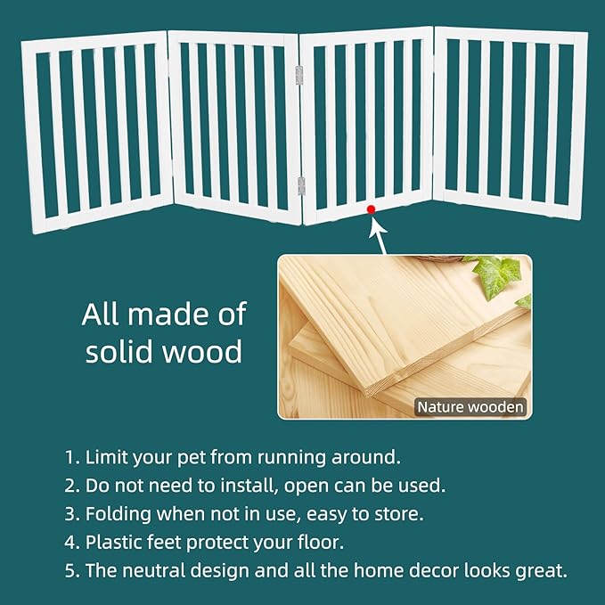 ZJSF Freestanding Indoor Dog Gate for House Foldable Wood White Puppy Gate for Doorways Pet Gate for Stairs Extra Wide Pet Fence 32" Height 4 Panels