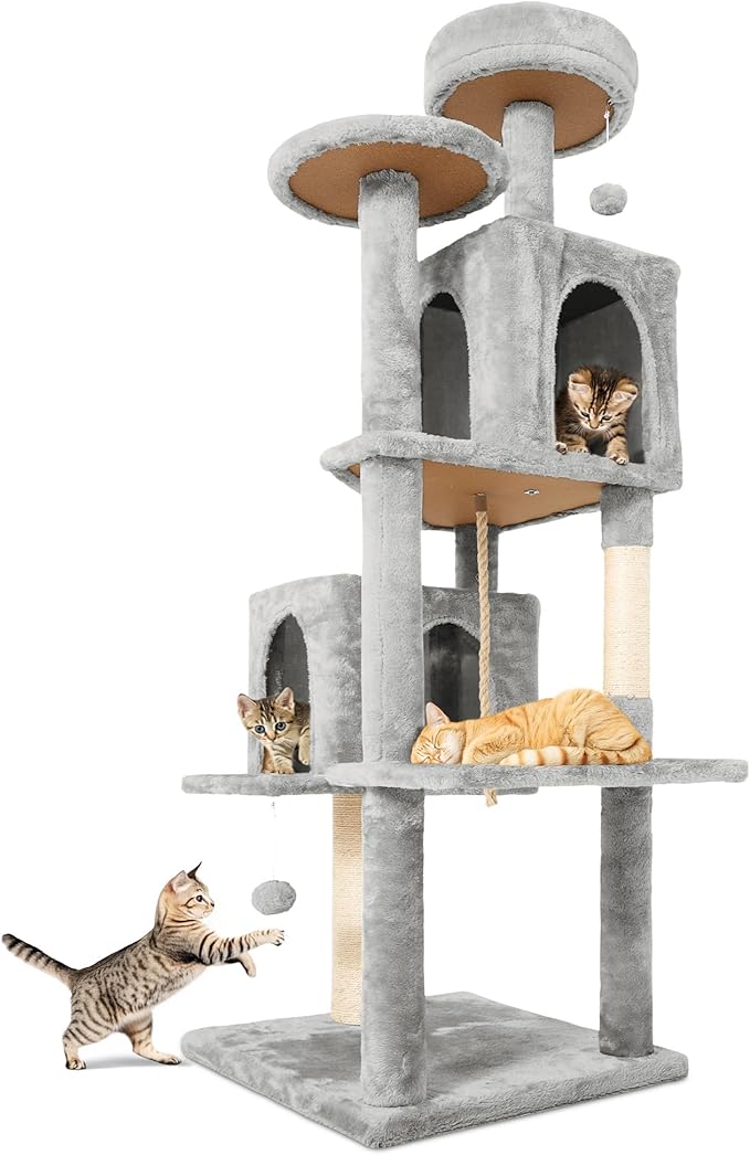 58.5inch Large Cat Tree Tower Condo for Indoor Cats, Soft Plush Multi-Level Climbing Tree Cat House with Cat Cave, Scratching Post, More Entrance/Exit, Sisal Rope, Light Grey