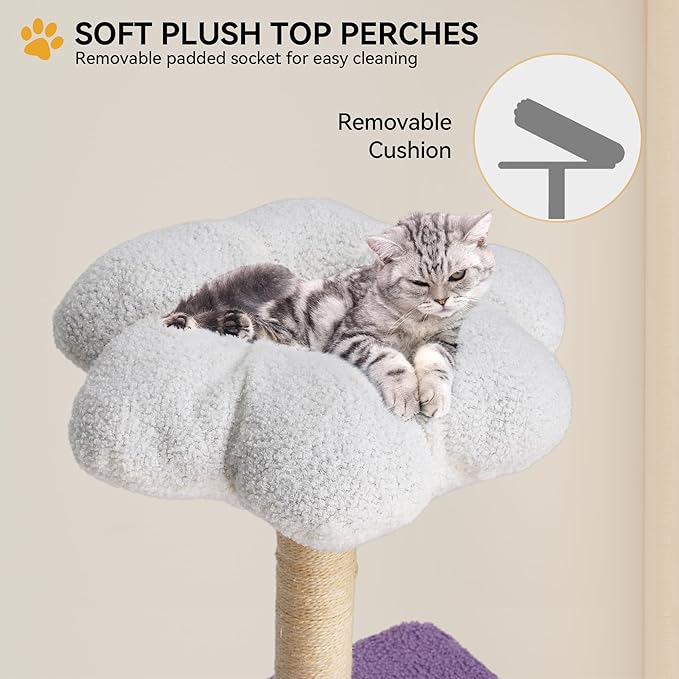 YITAHOME Flower Cat Tree Tower with Detachable Perch, 47.2in Cute Cat Climbing Tower for Indoor Cats with Cat Condo, Sisal Scratching Posts and Board, Purple and White