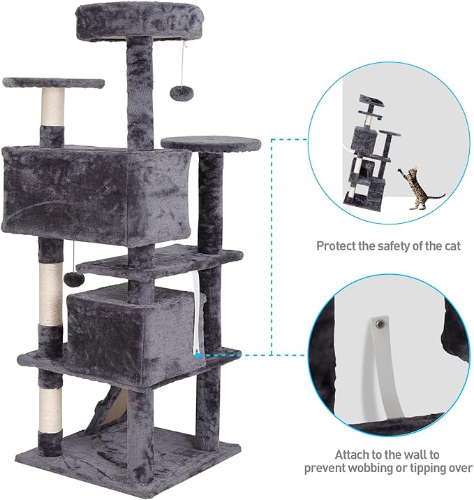 54-Inch Cat Tree Multi-Level Condo Tower Bed Furniture Kitten Play House with Scratching Posts, Dark Grey