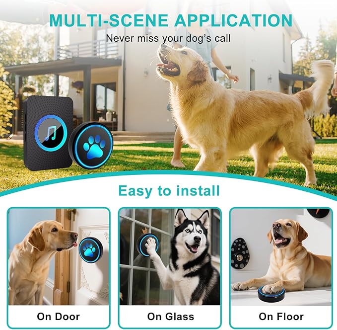 Dog Door Bell for Potty Training, Smart Wireless Doggie Doorbell to Go Outside, 1000 Feet Long Range with IP65 Waterproof Super-Light Touch Button, 60 Melodies & Adjustable Volume (1Black)