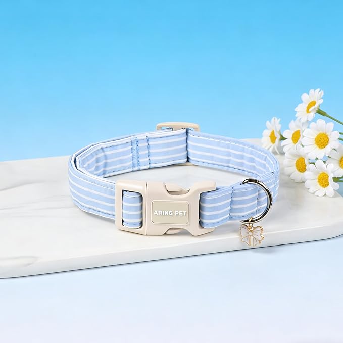ARING PET Stripe Dog Collar, Cute Spring Summer Blue Stripe Pet Collars with Bow Charm for Puppy Small Medium Large Boy Girl Dogs-L, for Daily Outdoor Walking Training