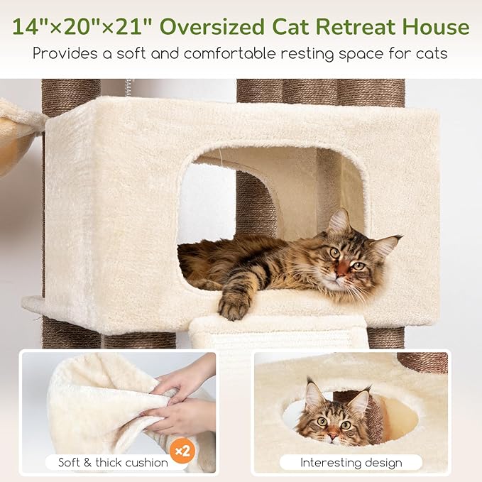 Globlazer 84" Multi-Level Large Cat Tree Tower with Extra Thick Full Sisal Scratching Posts, 2 Cat Condos, 3 Hanging Baskets, 2 Extra Large Platforms & Cat Scratching Ramp,S84, Beige