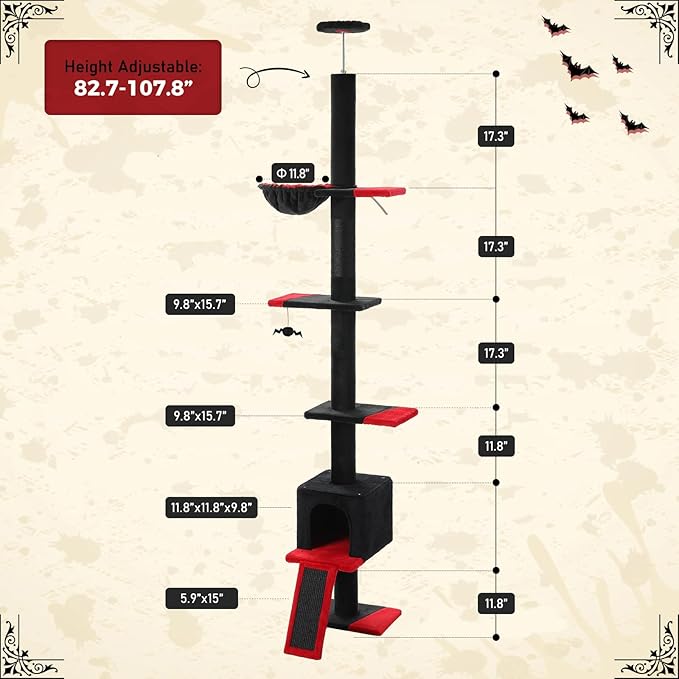 PETEPELA Floor to Ceiling Cat Tree, Gothic Cat Tower 5 Tiers Tall (83-108 Inches) Adjustable Height, Cats Climbing Tree Featuring with Condo, Scratching Post