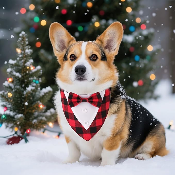 ADOGGYGO Christmas Dog Tuxedo Bandana, Red Plaid Xmas Pet Bowtie Collar, Adjustable Christmas Costumes for Small Dogs (S)