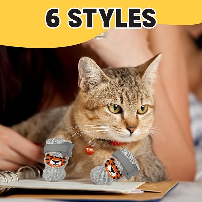 24 Pcs Cat Mittens to Prevent Scratching,Cat Socks for Cats with Adhesive Tabs,Cute Patterned Cats Booties Dog Booties to Prevent Scratching Grooming Bathing