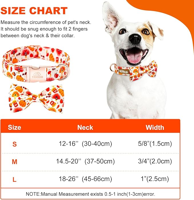 Tunkoo Dog Collar with Cute Bow Tie Pumpkin and Turkey Pattern - Durable, Adjustable and Stylish Thanksgiving Pet Collar, Available in Small Medium Large, L