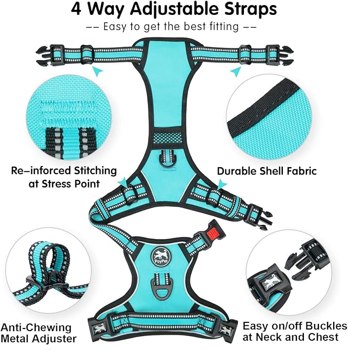 PoyPet No Pull Dog Harness, [Release at Neck] Reflective Adjustable No Choke Pet Vest with Front & Back 2 Leash Attachments(Mint Blue,M)