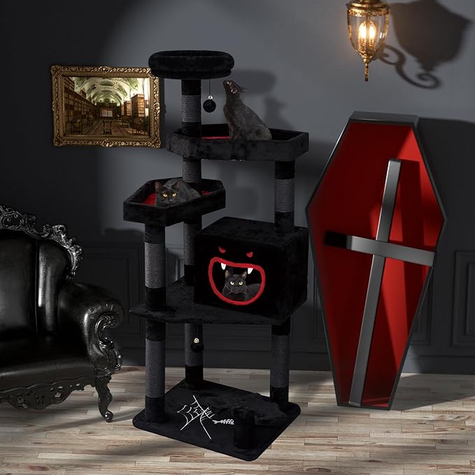 Gothic Cat Tree with Coffin Bed，62.5" Black Cat Tower with Spacious Demon Styled Cat Condo，Cozy Plush Perch, Scratching Posts，Hanging Ball，Multi-Level Cat Activities Furniture for Large Cats