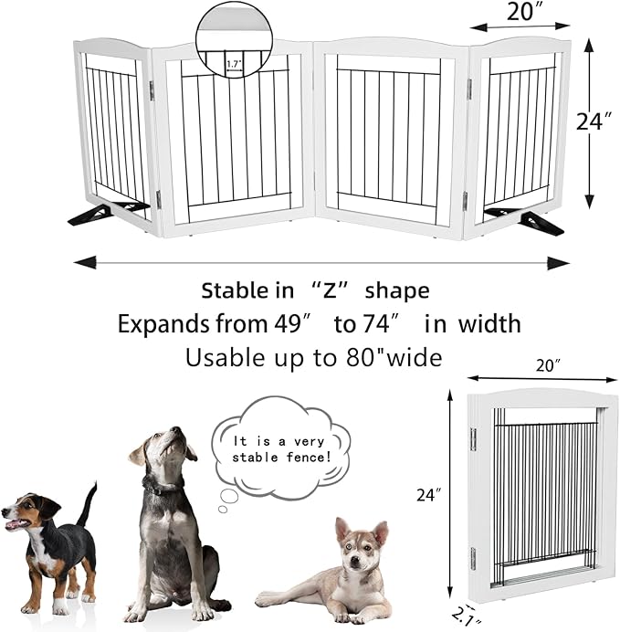 Dog Fence Indoor,Dog Gate Indoor for Doorway pet gate -4-Panel Freestanding, Hallways, House or Stairs -80x24-Inch Retractable Foldable Expandable Wood Pet by SFJC (White)