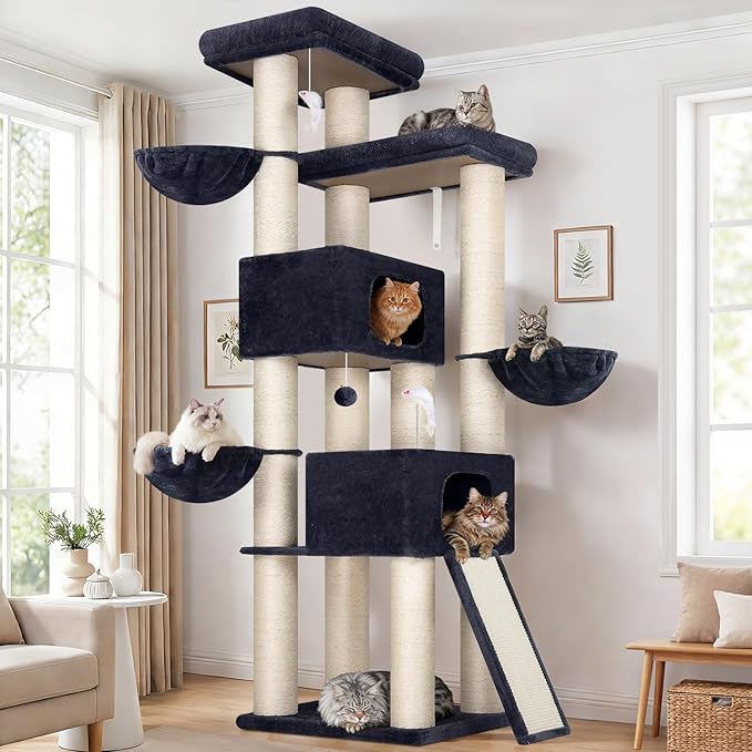 Globlazer 84" Multi-Level Large Cat Tree Tower with Extra Thick Full Sisal Scratching Posts, 2 Cat Condos, 3 Hanging Baskets, 2 Extra Large Platforms & Cat Scratching Ramp,S84, Dark Gray