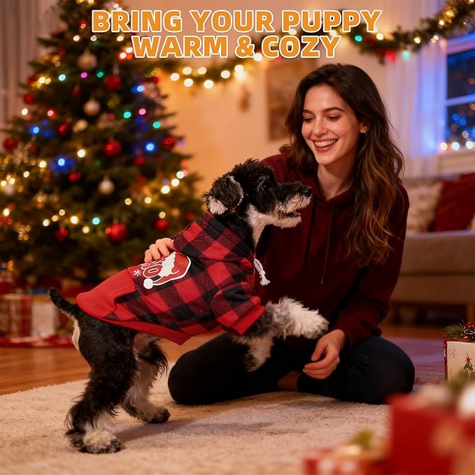 KOOLTAIL Christmas Dog Hoodie, Red Plaid Pet Sweater, Hat Hooded Sweatshirt Dog Clothes for Small Medium Large Dogs Boys Girls, Soft Warm Winter Cold Weather Coat with Leash Hole&Pocket, Santa, XL