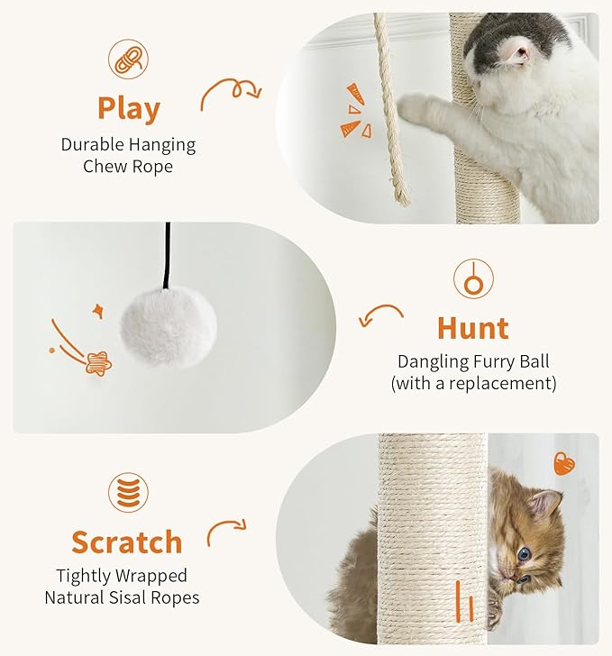Made4Pets Cat Tree, Modern Cat Tree Tower for Indoor Cats - 65" Tall Wood Condo with Hammock, Scratching Post and Removable Pads for Small Large Cats, White