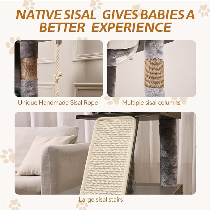 Cat Litter Box Enclosure with Cat Tree Tower and Condo, Hidden Cat Washroom Furniture with Sisal Scratching Post and Soft Plush Perch, Wooden Cat Furniture with Multiple Platforms