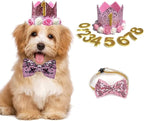 Pet Birthday Hat, Dog Birthday Crown Hat and Bowtie with 0-9 Figures Charms Party Accessories for Small Medium Dogs Cats (PINK)