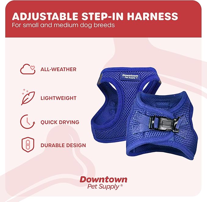 Downtown Pet Supply Step in Dog Harness for Small Dogs No Pull, Medium, Blue - Adjustable Harness with Padded Mesh Fabric and Reflective Trim - Buckle Strap Harness for Dogs