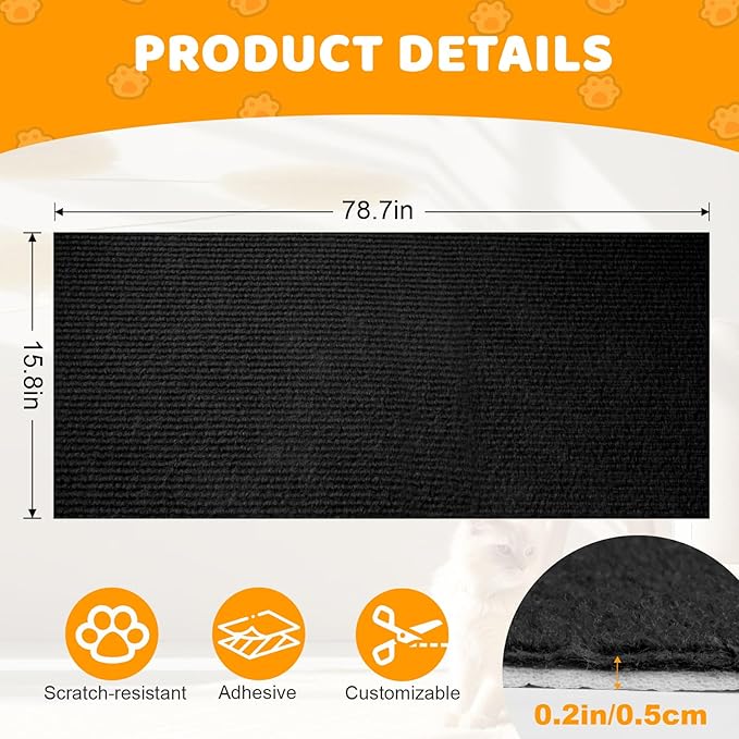 Cat Scratching Mat Self-Adhesive, 78.7'' x 15.8'' Trimmable Cat Scratch Pads Furniture Protector, DIY Climbing Cats Scratching Carpet for Couch, Door Frame or Wall Corner Protector (Black)