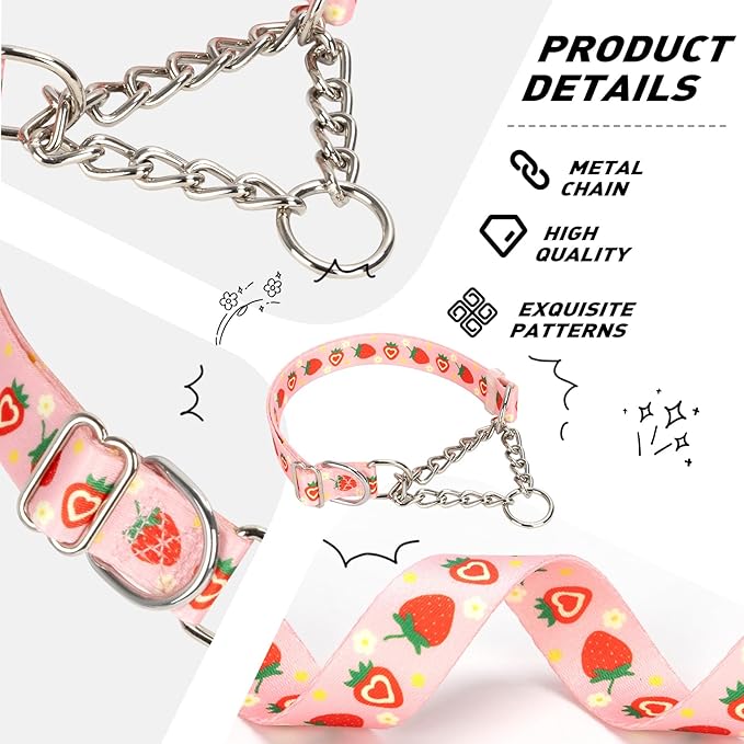 Pink Strawberry Martingale Dog Collar with Chain - No-Pull Training Collar Soft & Durable Design for Medium, Large & XL Dogs (Medium, Strawberry)