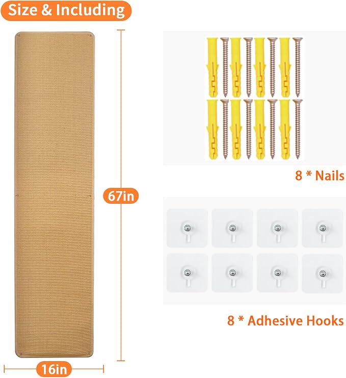 Extra Large Cat Wall Climbing Carpet 67"X16", Tall Cat Scratch Pad with 8 Nails, Door Hanging Sisal Pet Scratcher Mat for Furniture Couch Sofa Protector (Camel)