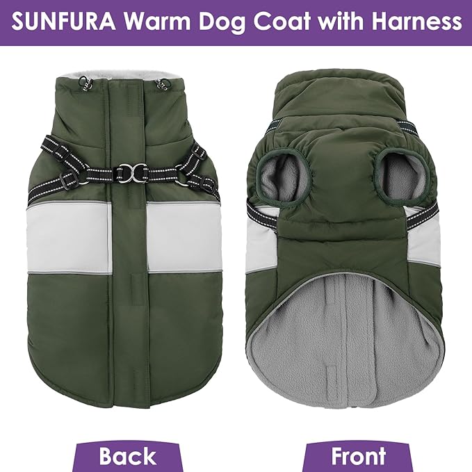 SUNFURA Small Dog Coat with Harness Built in, Warm Dog Jacket Winter with Zipper On Back, Waterproof Pet Snow Jacket Snowsuit Pet Sweater Clothes for Puppy, Army Green XS