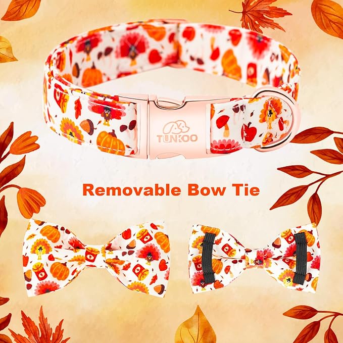 Tunkoo Dog Collar with Cute Bow Tie Pumpkin and Turkey Pattern - Durable, Adjustable and Stylish Thanksgiving Pet Collar, Available in Small Medium Large, M
