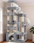 Heybly Cat Tree, 71-Inch Tall Cat Tower for Large Maine Coon Cats with Extra-Large Baseboard, Cat Condo Furniture with Multi-Level Platforms, 2 Hammocks and 12 Scratching Posts, Light Gray HCT037W