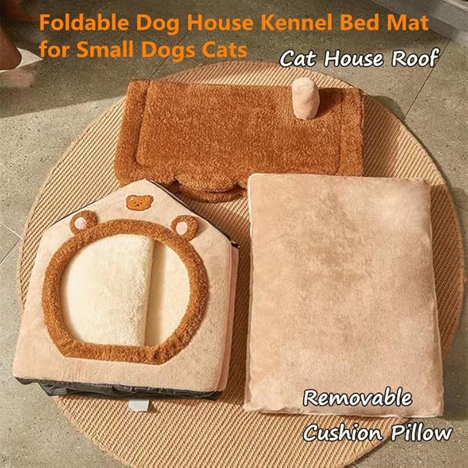 Cat Beds for Indoor Cats, Cute Bear Shape Cat Bed Cave, Pet House Cats Tent with Removable Cushion Pillow for Kittens Puppy Small Dogs (Brown, S-15.7x12.6x13.7in)