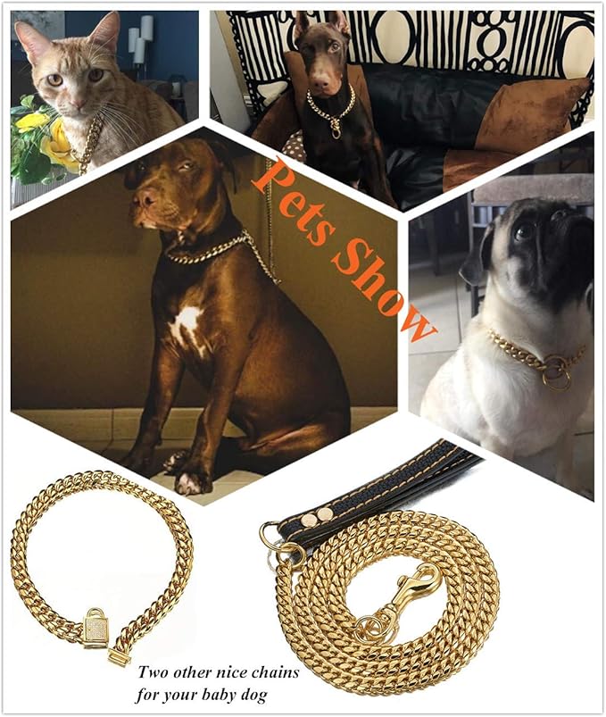 Strong 18K Gold Plated Dog Chain Collar Stainless Steel Width 10mm,12mm,15mm,18mm Cuban Link Choke Collar for Dog's Training,Daily Use (18mm,18inch)