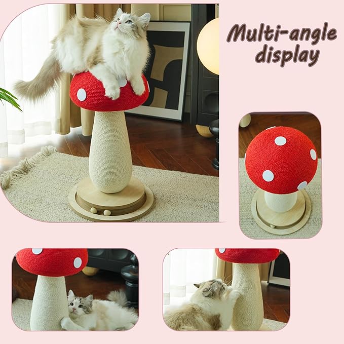 Mushroom Cat Scratching Post: 3-in-1 Sisal Scratcher with Bed & Ball - Sturdy Weighted Base, Space-Saving Design for Kittens & Cats