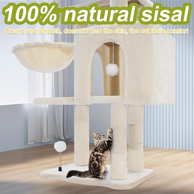 Cat Tree Tower with Metal Frame Hammock, 40'' Cat Trees for Indoor Cats Large Adult, Cat Towers with Scratching Post, Cats Condo Furniture with Cloud Top Perch, Cats Climbing Tower for Kittens(White)