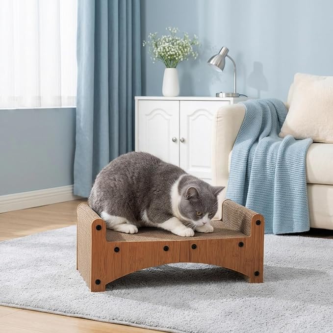 Avont Cat Scratcher Lounge, 3-in-1 Reversible Cardboard Scratching Bed, Horizontal Lounger for Indoor Cats Kittens - Wood