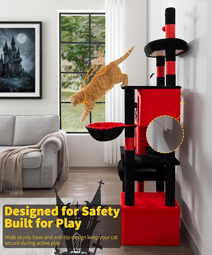 Heavy Duty Cat Tree for Indoor Cat, 74 Inch Cat Tower with Scratching Post, Hanging Basket, Cat Condo with Large Platform for Large Cats, PMT04RD, Black Red