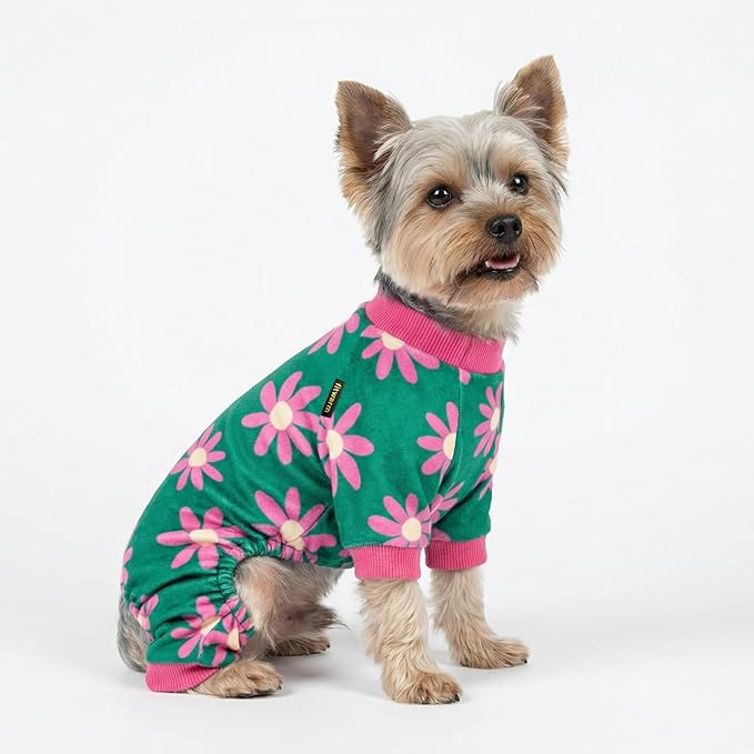Fitwarm Flower Fleece Dog Pajamas, Warm Winter Dog Clothes for Small Dogs Girl, Cozy Pet Onesie with Feet, Dark Green, XS