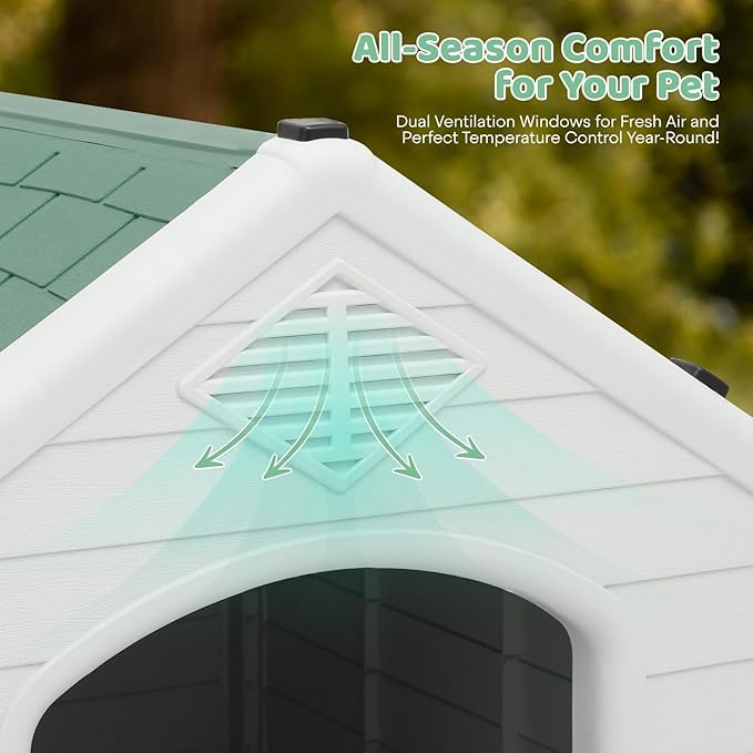 Plastic Dog House Indoor for Small Dogs, Insulated Dog House Outdoor Puppy Shelter, 32.5 Inch Weather & Water Resistant Pet Crate with Air Vents and Elevated Floor, Forest Green