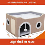 Cat Houses for Indoor Cats - Large Cat Bed Cave with Scratch Pad and Fluffy Ball, Foldable Cat Condo Hideaway with Reversible Cushion for Multi Small Pet (Beige, Double)