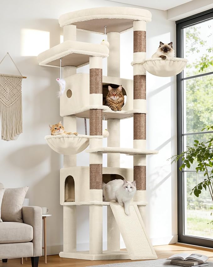 Globlazer Extra Large Heavy Duty Cat Tree, 80in Tall Sturdy Cat Tree Tower for Multiple Indoor Cats Large Adult with Scratching Posts, 2 Spacious Condos with Padding, 2 Soft Perches, S80C, Beige